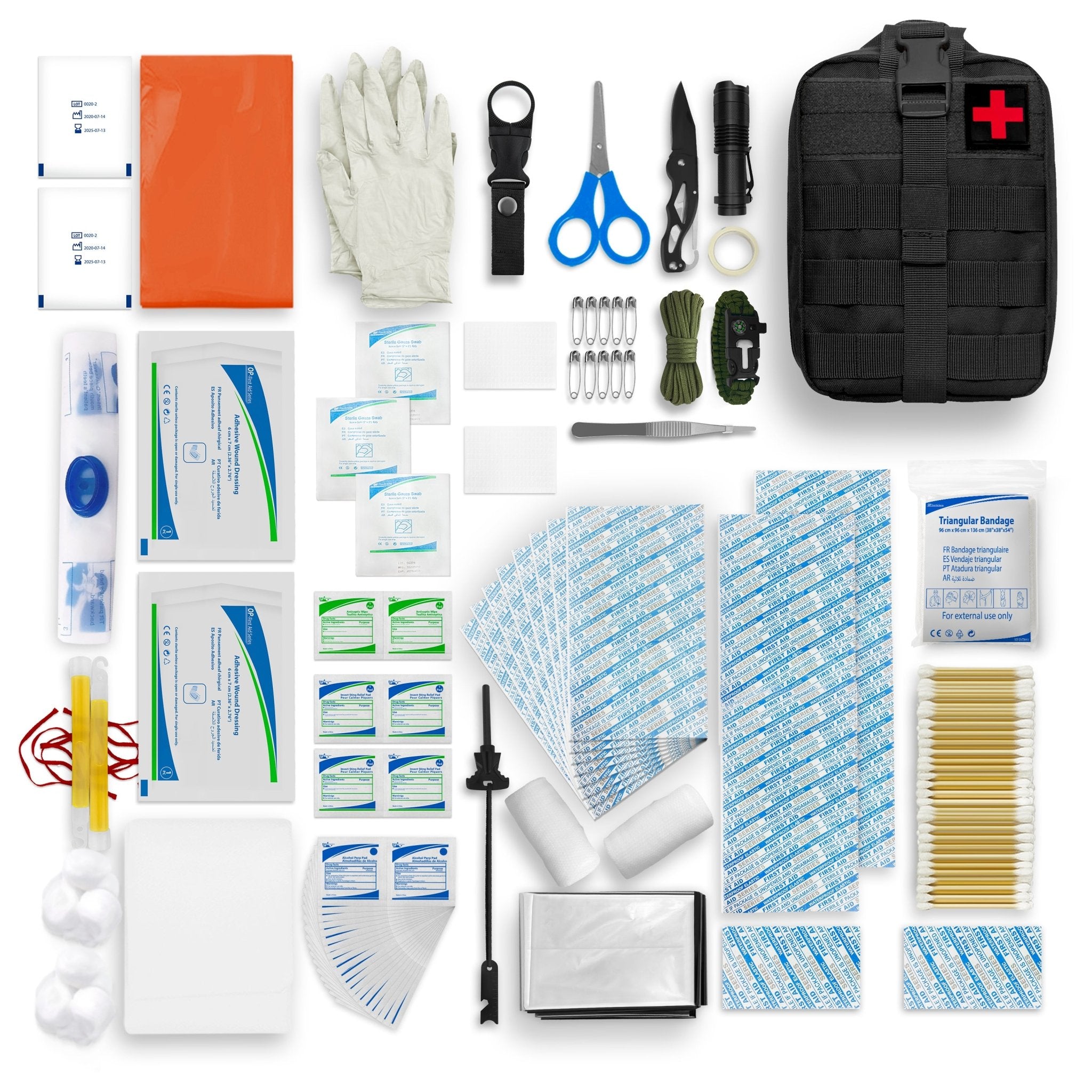 A complete flat-lay overview of the black tactical first aid kit arranged on a white background. The image displays the black MOLLE pouch in the top right, surrounded by its contents: an orange rain poncho, gloves, blue-handled scissors, a folding knife, a flashlight, yellow glow sticks, a silver emergency blanket, triangular bandage, rolls of gauze, and various organized stacks of bandages, wipes, and cotton swabs.