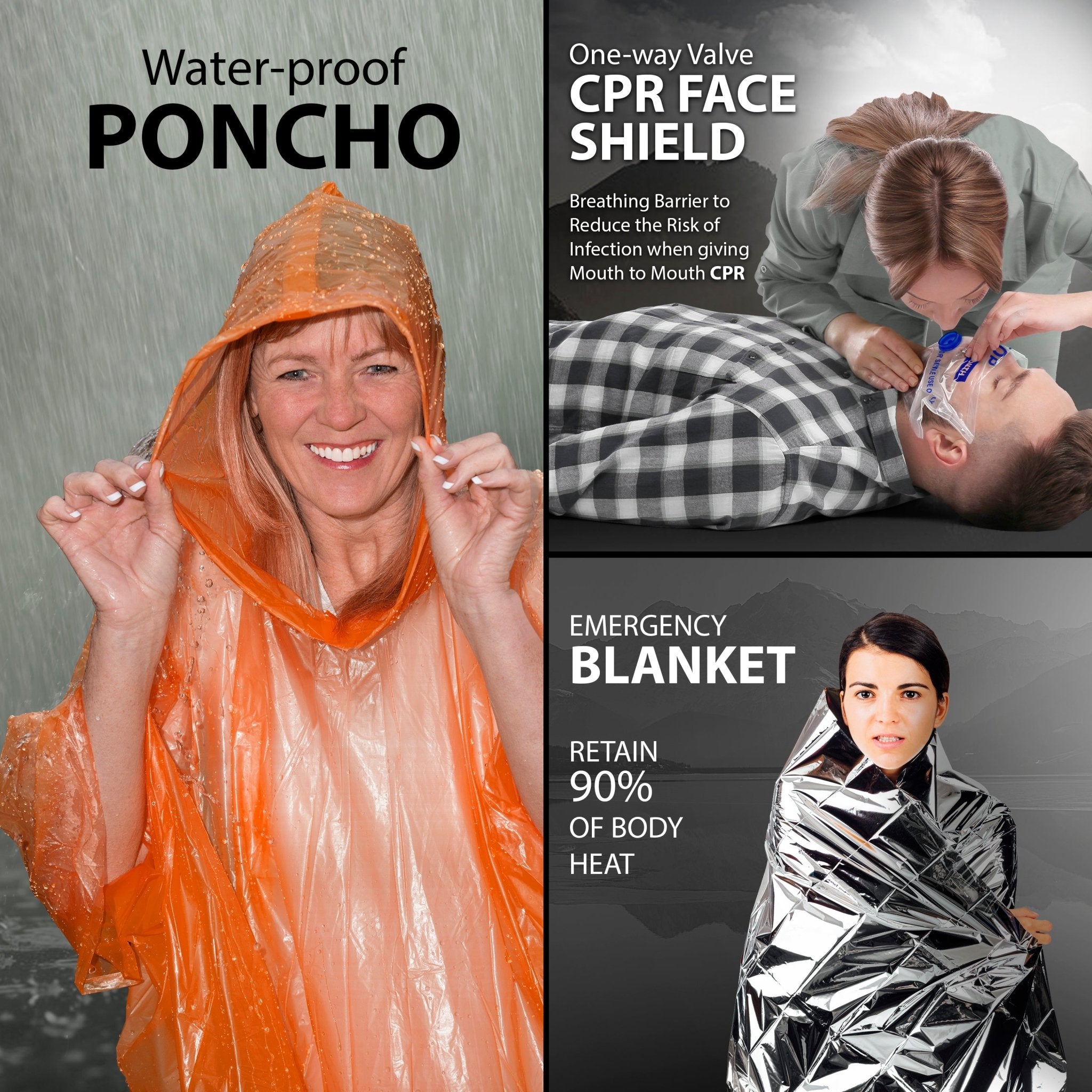 A graphic showcasing three protection items. The left side shows a woman wearing an orange "Water-proof PONCHO" in the rain. The top right depicts a CPR demonstration using a "One-way Valve CPR FACE SHIELD." The bottom right shows a woman wrapped in a silver "Emergency Blanket" designed to retain 90% of body heat.