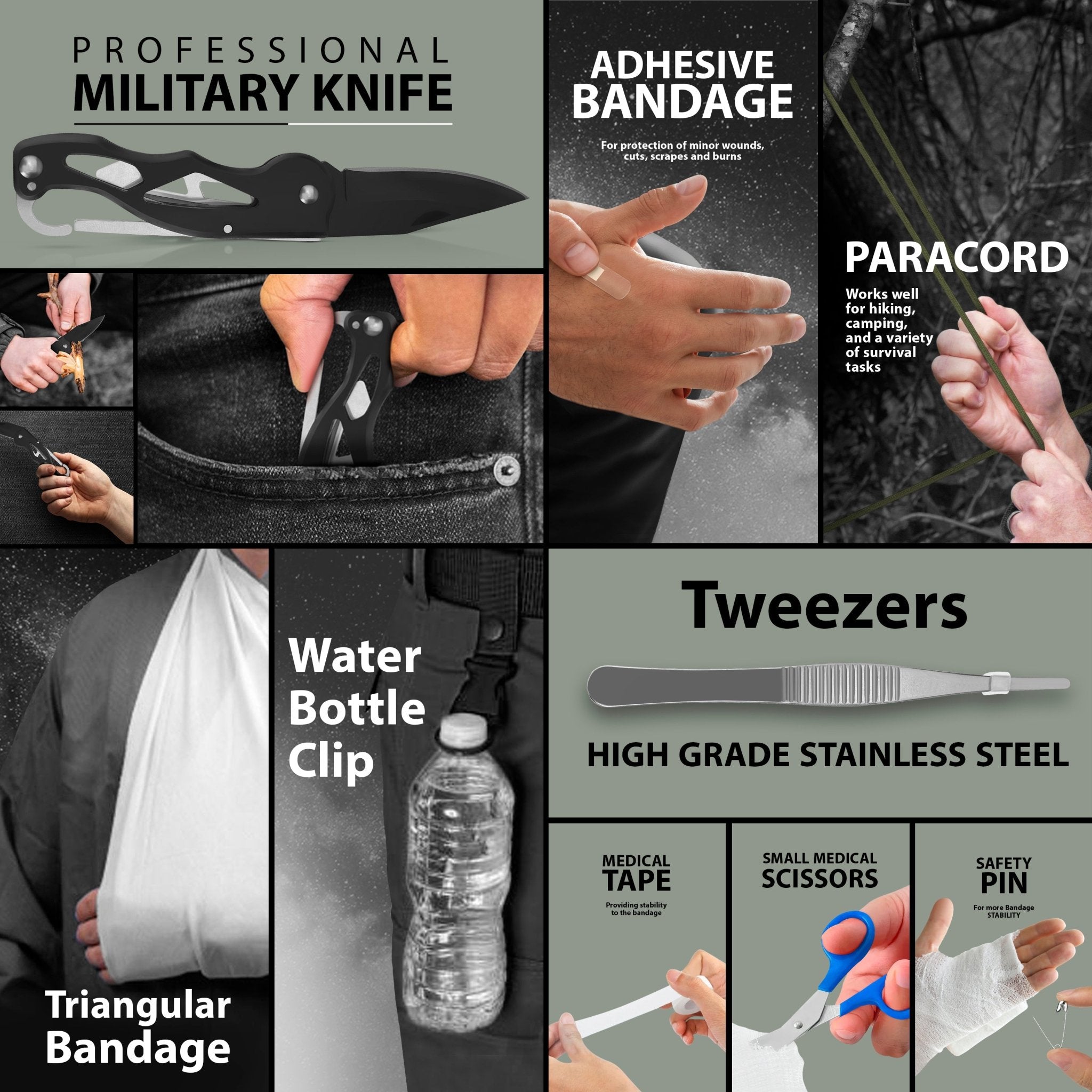 A composite image highlighting specific tools in the kit. The top left shows a black "Professional Military Knife." Other panels show a hand with an adhesive bandage, a hand holding green paracord, an arm in a sling using a triangular bandage, a water bottle hanging from a belt clip, and stainless steel tweezers. Small insets show medical tape, safety pins, and scissors.