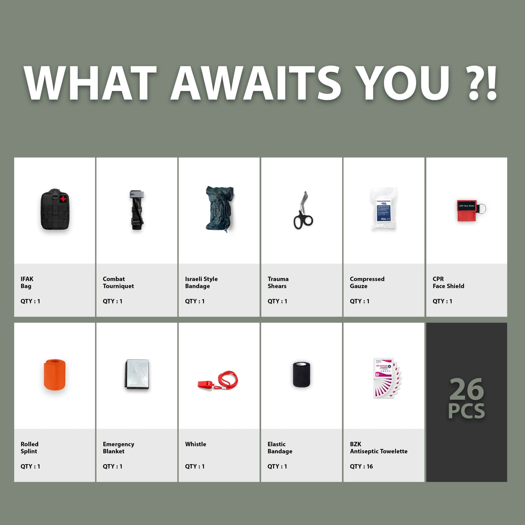 A grid layout titled "WHAT AWAITS YOU ?!" cataloging the contents of the 26-piece trauma kit. The images display: a black IFAK Bag, Combat Tourniquet, Israeli Style Bandage, Trauma Shears, Compressed Gauze, CPR Face Shield, orange Rolled Splint, Emergency Blanket, red Whistle, Elastic Bandage, and 16 BZK Antiseptic Towelettes. A dark grey box in the corner emphasizes the total count: "26 PCS."