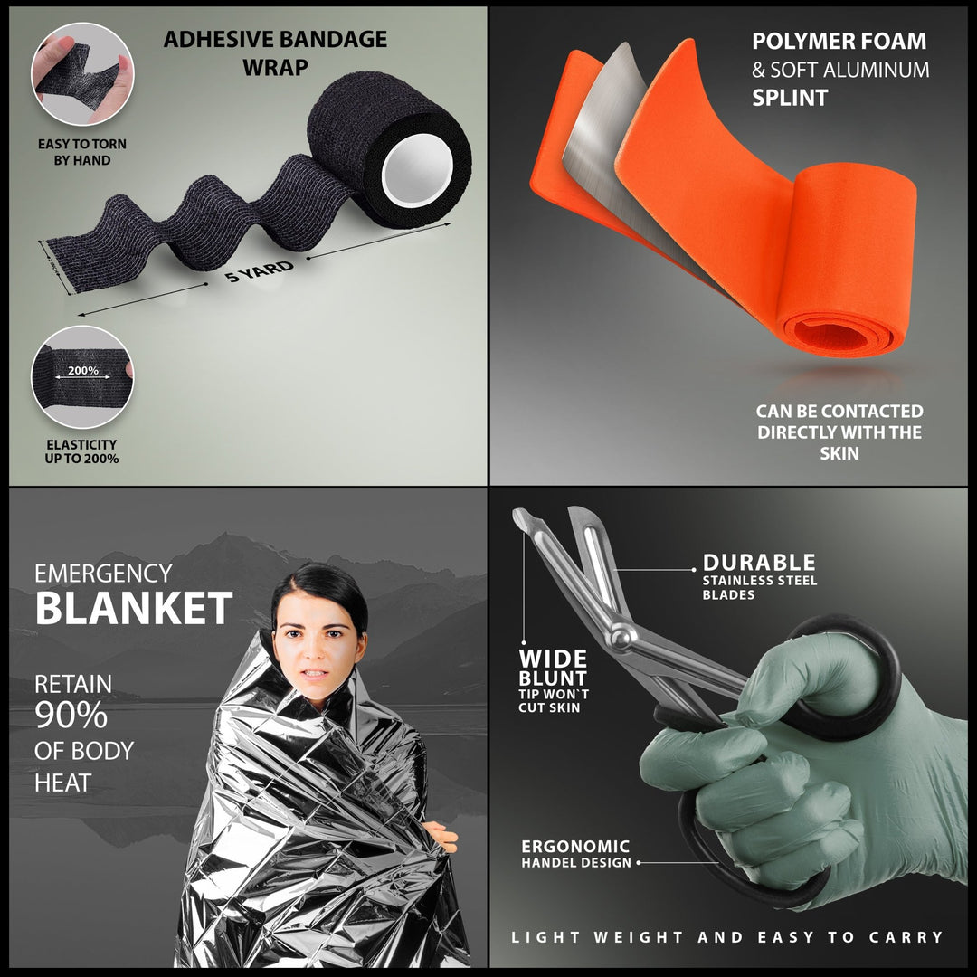 A four-panel feature collage. The top left demonstrates a black "Adhesive Bandage Wrap" being torn by hand, noting it is "Easy to tear." The top right shows an orange "Polymer Foam & Soft Aluminum Splint" partially unrolled to reveal its metal core. The bottom left displays a woman wrapped in a silver "Emergency Blanket" that retains 90% of body heat. The bottom right details stainless steel shears held by a gloved hand, highlighting the "Wide blunt tip" that won't cut skin.