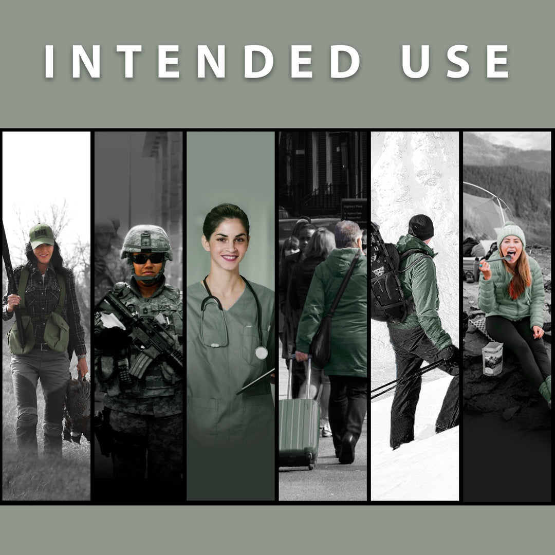 A vertical collage titled "INTENDED USE" depicting six different environments where the kit is applicable. The panels show (from left to right): a hunter walking with a rifle, a soldier in full combat gear, a medical professional in scrubs, travelers walking with luggage on a city street, a hiker trekking up a snowy mountain, and a camper eating a meal outdoors near a tent.