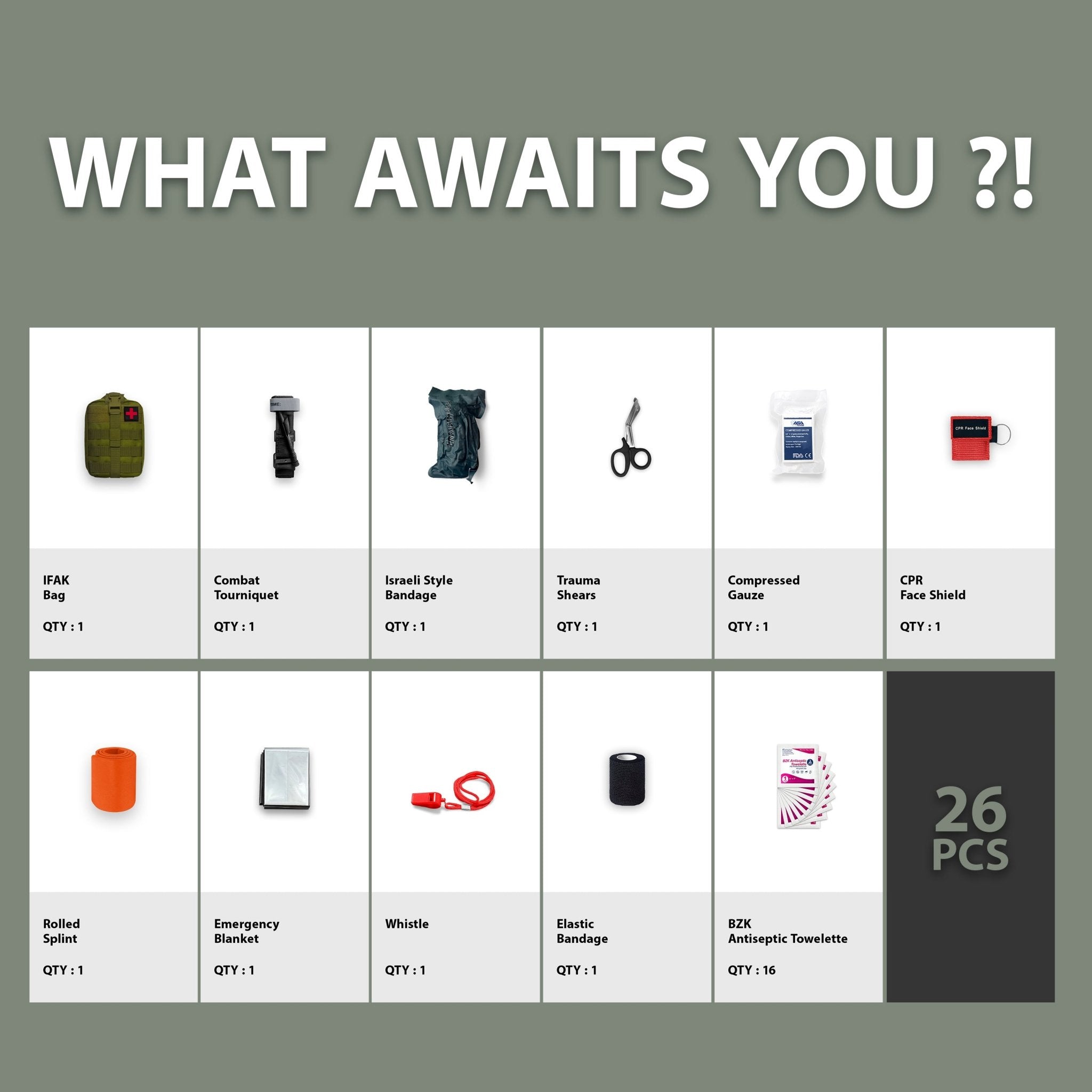 A grid layout titled "WHAT AWAITS YOU ?!" cataloging the contents of the 26-piece trauma kit. The images display: a green IFAK Bag, Combat Tourniquet, Israeli Style Bandage, Trauma Shears, Compressed Gauze, CPR Face Shield, orange Rolled Splint, Emergency Blanket, red Whistle, Elastic Bandage, and 16 BZK Antiseptic Towelettes. A dark grey box in the corner emphasizes the total count: "26 PCS."