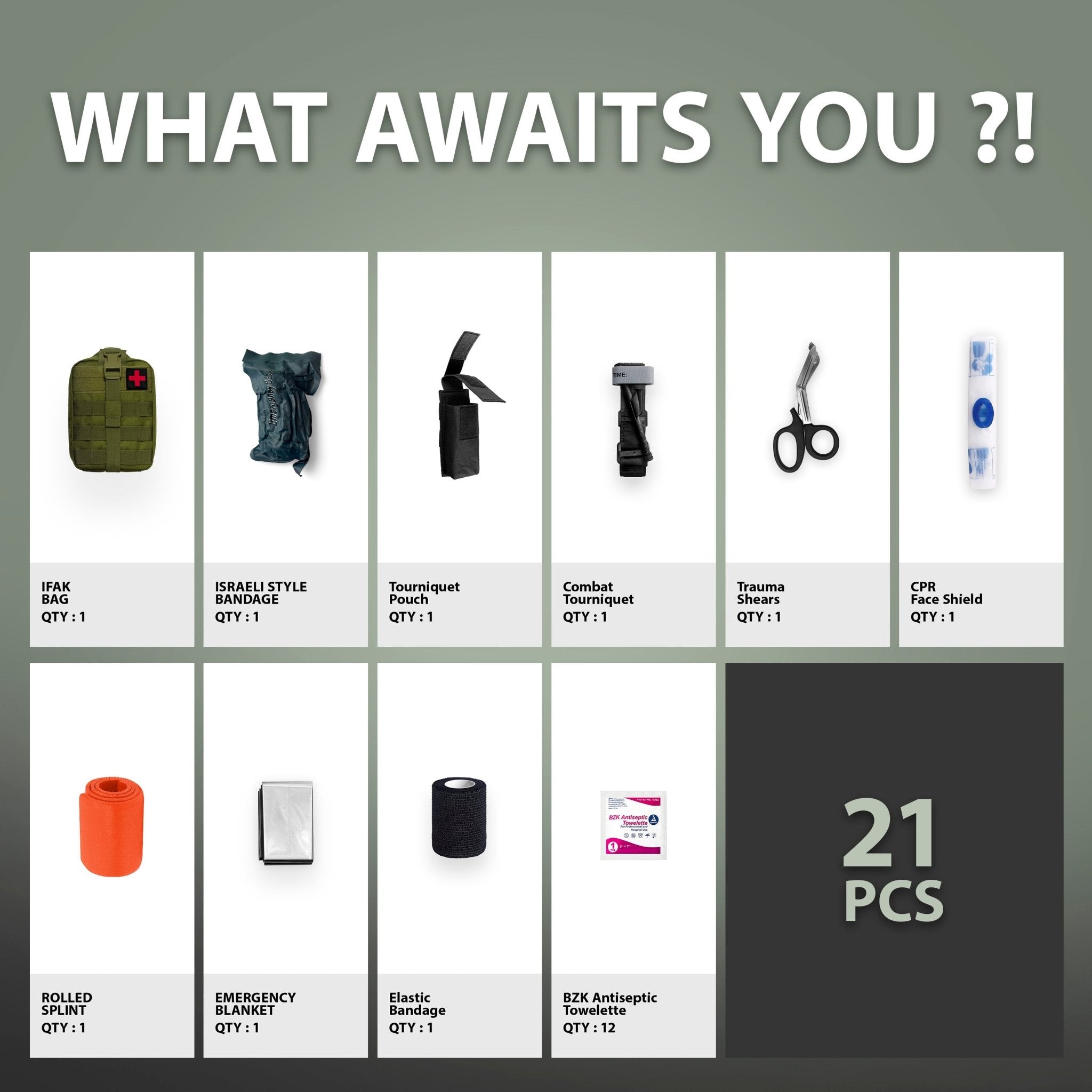 A grid-style inventory chart titled "WHAT AWAITS YOU ?!" displaying the components of the first aid kit. Each item is pictured in a white box with its name and quantity. The items listed are: IFAK Bag (Qty 1), Israeli Style Bandage (Qty 1), Tourniquet Pouch (Qty 1), Combat Tourniquet (Qty 1), Trauma Shears (Qty 1), CPR Face Shield (Qty 1), Rolled Splint (Qty 1), Emergency Blanket (Qty 1), Elastic Bandage (Qty 1), and BZK Antiseptic Towelette (Qty 12). A large dark box on the right summarizes the total count