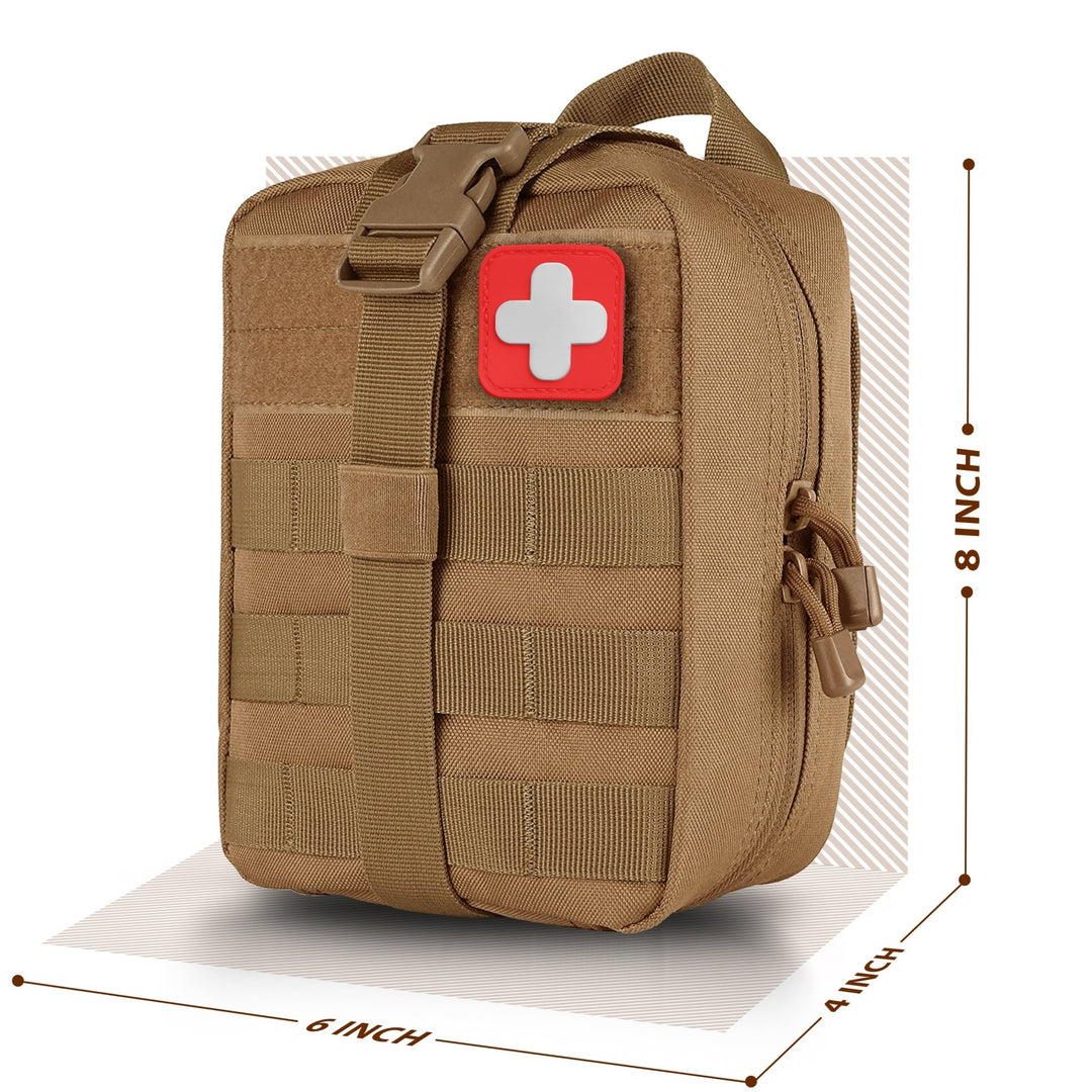 Dimensions of the tan tactical military pouch, showing a height of 8 inches, width of 6 inches, and depth of 4 inches.