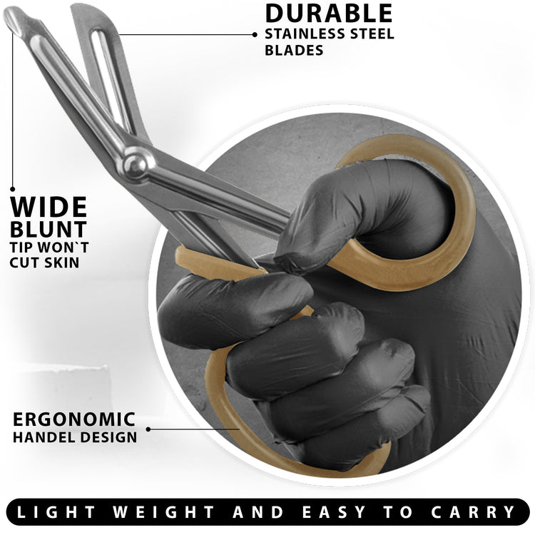 Professional trauma shears with durable stainless steel blades, a wide blunt tip to protect skin, and a lightweight ergonomic handle design.