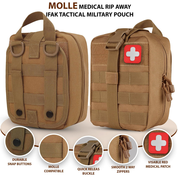 Features of the MOLLE medical rip-away pouch: durable snap buttons, quick-release buckle, smooth 2-way zippers, and a visible red medical patch.