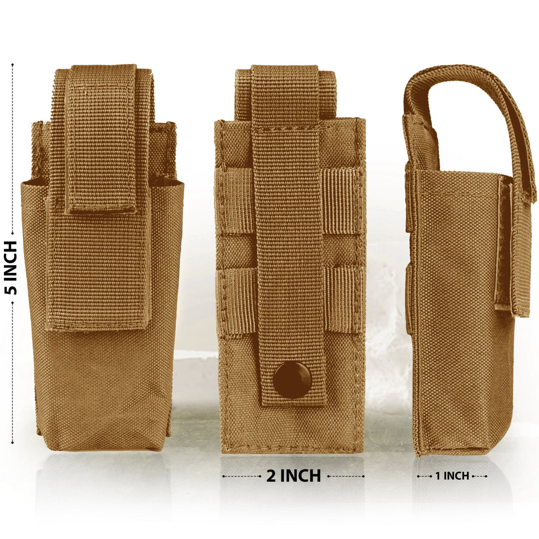 Front, back, and side views of the tan tourniquet holder, showing dimensions of 5 inches height, 2 inches width, and 1 inch depth.