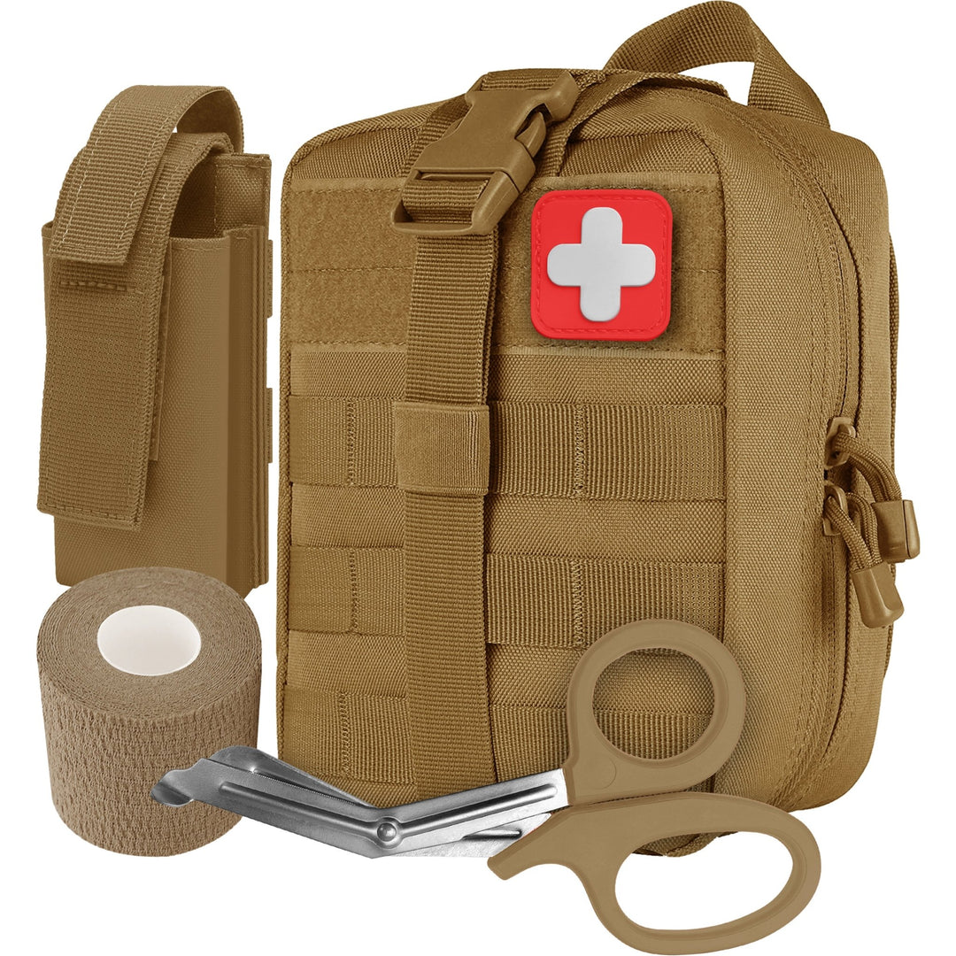 A tan tactical IFAK medical pouch set including a tourniquet holder, trauma shears, and cohesive bandage for emergency response.