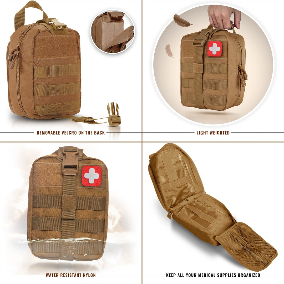 Technical details of the IFAK pouch: water-resistant nylon, lightweight design, removable Velcro back, and organized internal compartments for medical supplies.