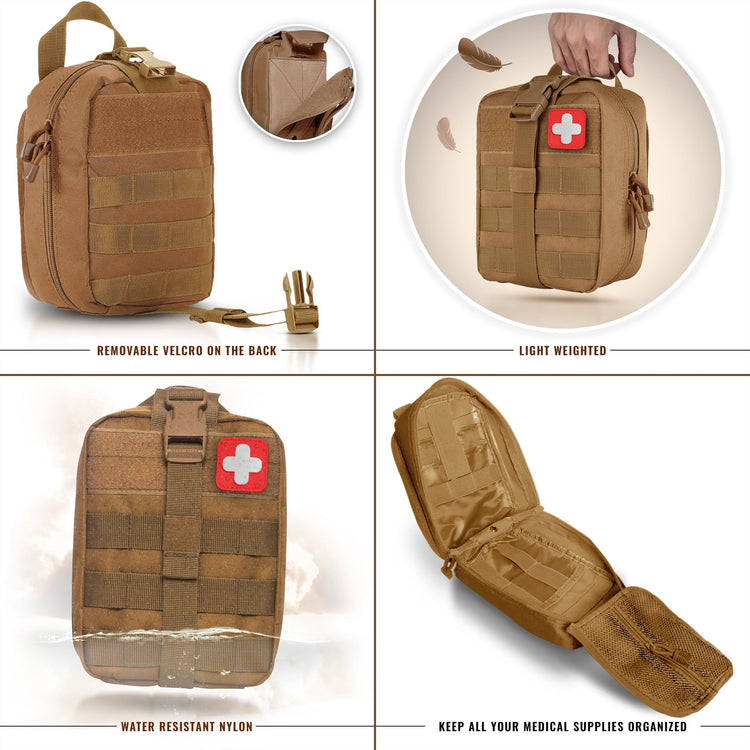 Technical details of the IFAK pouch: water-resistant nylon, lightweight design, removable Velcro back, and organized internal compartments for medical supplies.