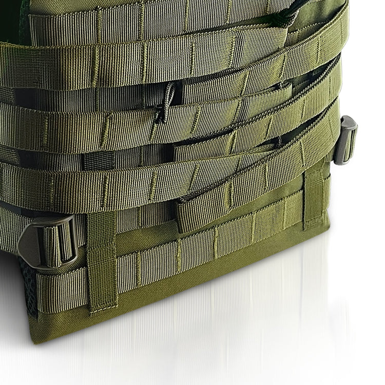 A high-resolution close-up of the vest's lower side section. This detail shot focuses on the texture of the nylon fabric, the heavy-duty stitching of the MOLLE loops, and the plastic slide buckles used for size adjustments.