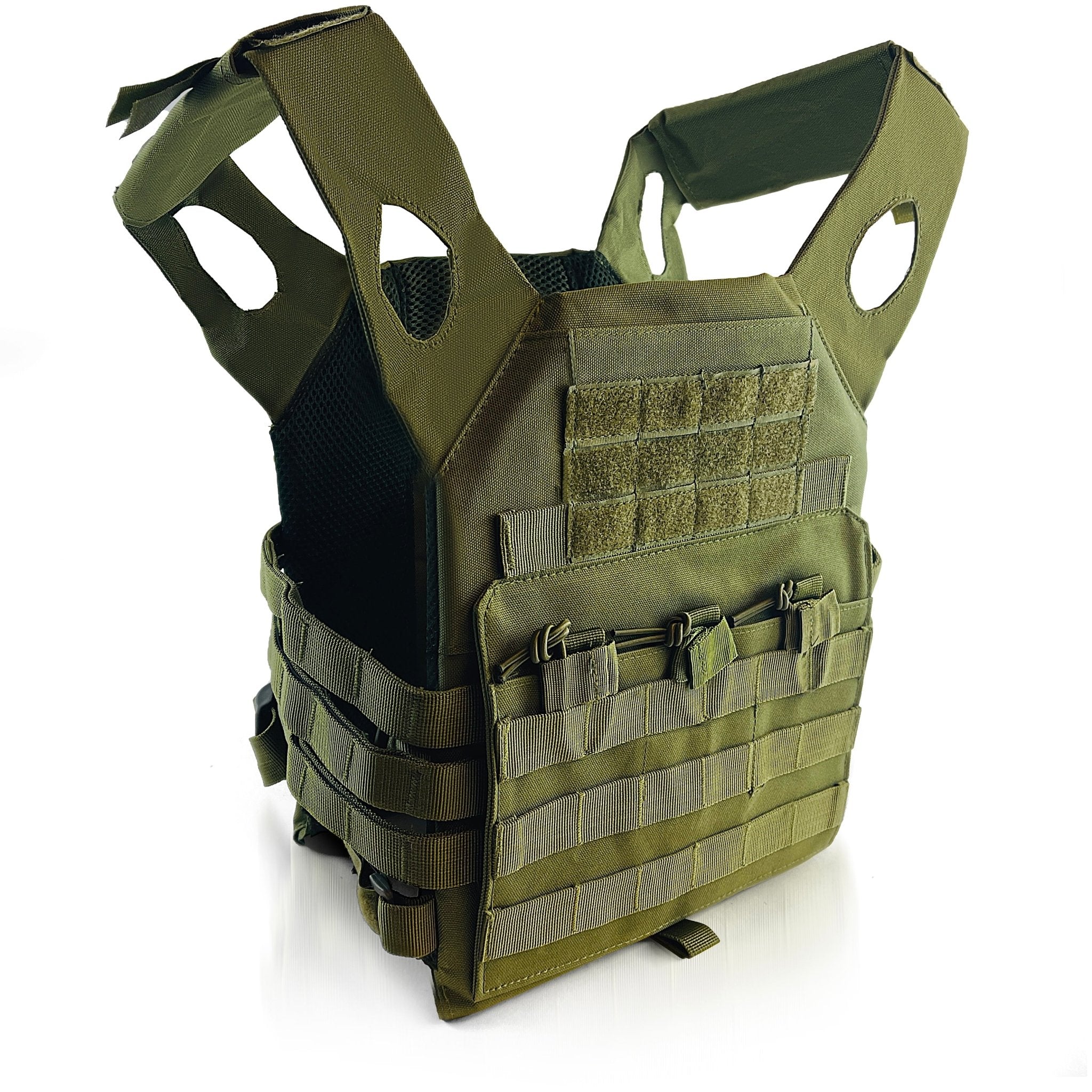 A low-angle studio shot of the plate carrier, emphasizing the layered side straps and front buckle attachment points. The adjustable shoulder straps and MOLLE webbing rows are clearly visible.