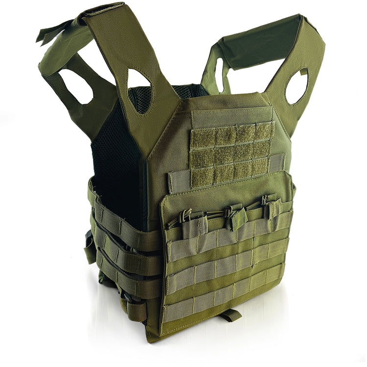 A low-angle studio shot of the plate carrier, emphasizing the layered side straps and front buckle attachment points. The adjustable shoulder straps and MOLLE webbing rows are clearly visible.
