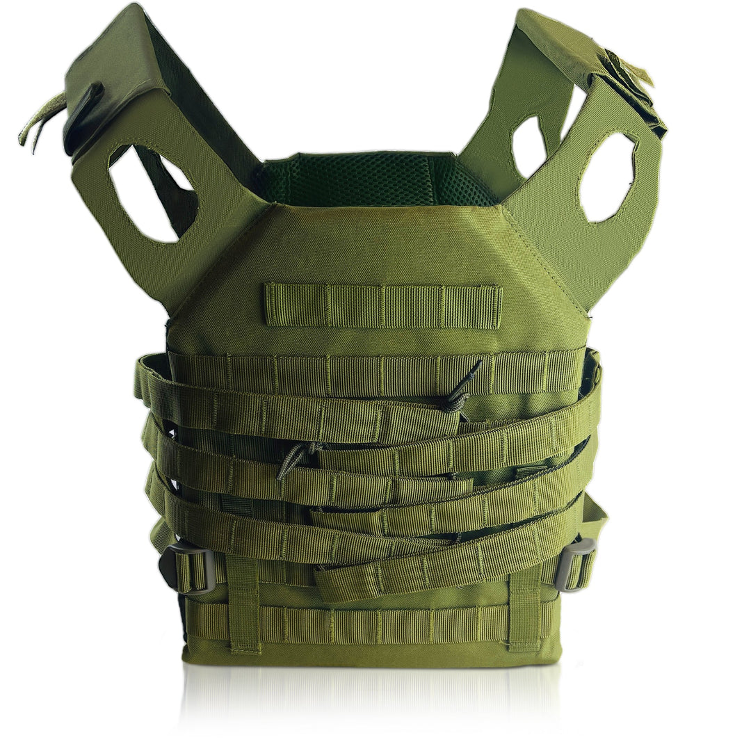 A direct front view of the olive green vest. It displays the symmetrical design, including the upper chest Velcro strips, lower MOLLE webbing for attaching pouches, and the open cutouts for the arms.