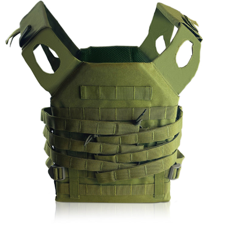 A direct front view of the olive green vest. It displays the symmetrical design, including the upper chest Velcro strips, lower MOLLE webbing for attaching pouches, and the open cutouts for the arms.