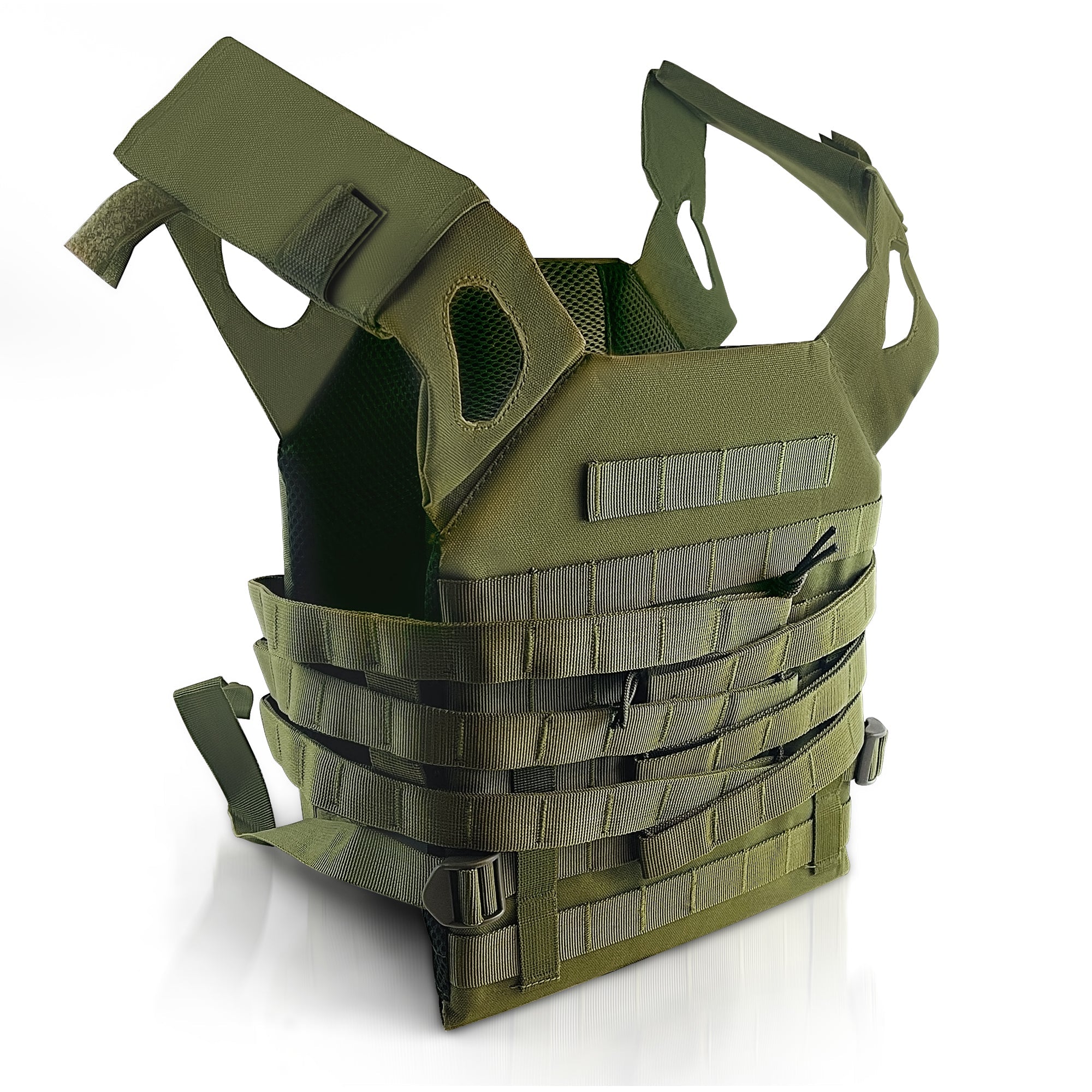 A front-facing, angled view of the olive green plate carrier. Key features visible include a large Velcro patch panel on the upper chest and a front flap equipped with bungee cords for securing magazines.