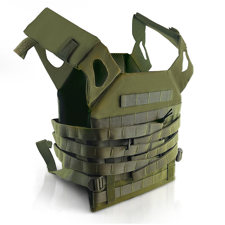 A front-facing, angled view of the olive green plate carrier. Key features visible include a large Velcro patch panel on the upper chest and a front flap equipped with bungee cords for securing magazines.