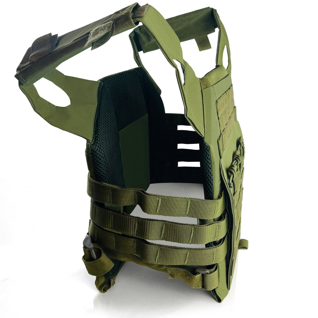 A rear and side view of the tactical vest, revealing the interior black mesh lining designed for breathability. The image highlights the skeletal cummerbund (side straps) and rear Velcro adjustment areas.