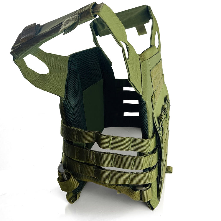 A rear and side view of the tactical vest, revealing the interior black mesh lining designed for breathability. The image highlights the skeletal cummerbund (side straps) and rear Velcro adjustment areas.