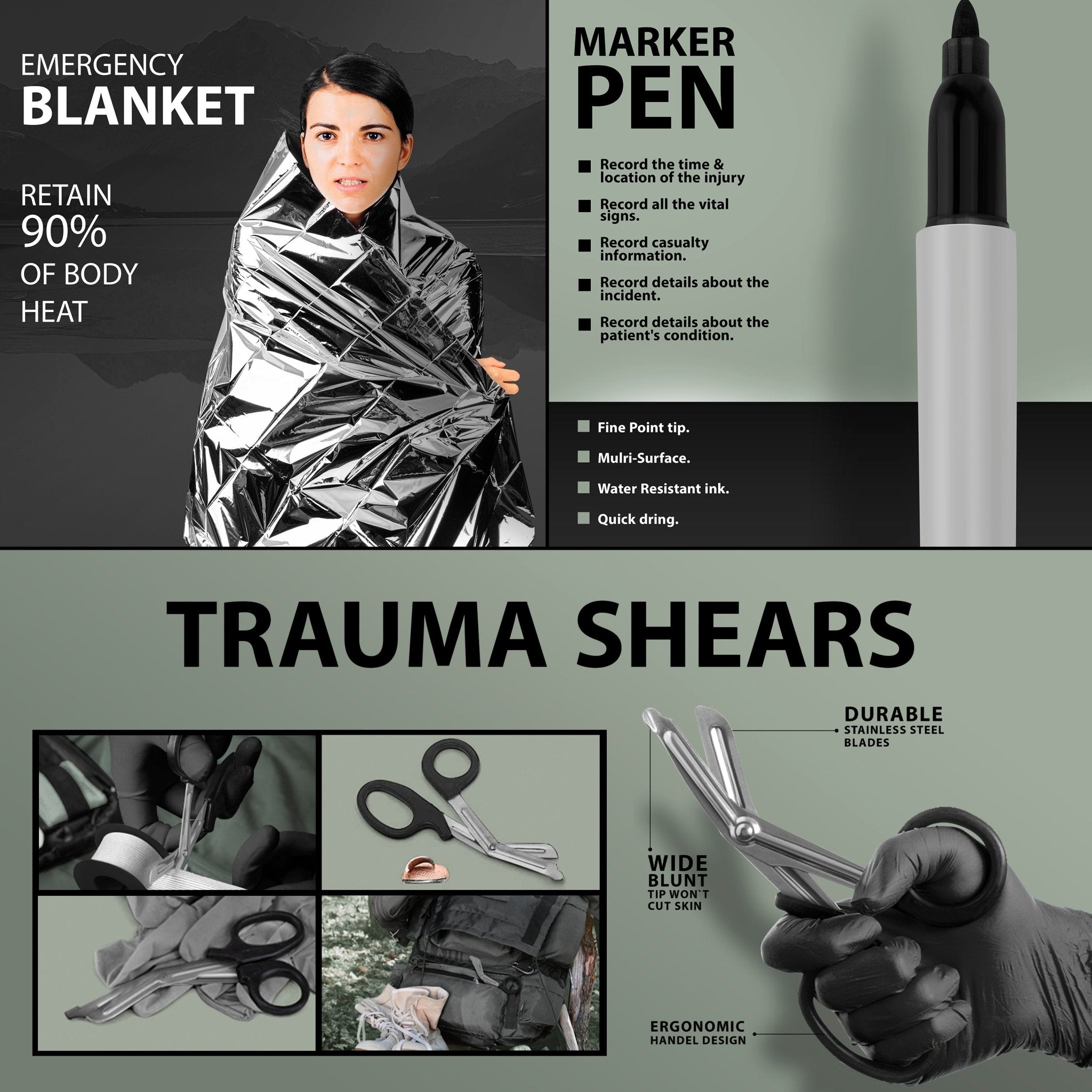 A composite infographic highlighting three medical tools. The left section features a woman wrapped in a silver "Emergency Blanket" designed to "Retain 90% of Body Heat." The top right displays a black "Marker Pen" used to record injury time and vital signs. The bottom section details "Trauma Shears" with a close-up of gloved hands, pointing out the "Wide blunt tip," "Durable stainless steel blades," and "Ergonomic handel [sic] design.