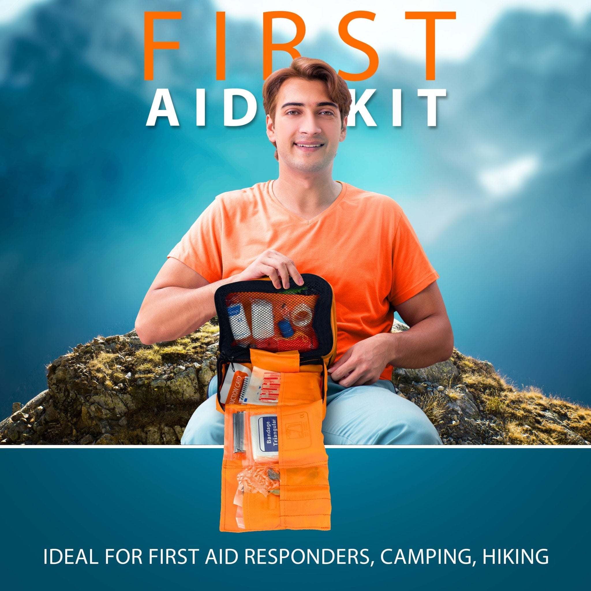 A promotional image titled "FIRST AID KIT" featuring a smiling man sitting on a rocky mountaintop in an orange t-shirt. He is holding an open, organized orange first aid kit on his lap. Text at the bottom reads, "IDEAL FOR FIRST AID RESPONDERS, CAMPING, HIKING."