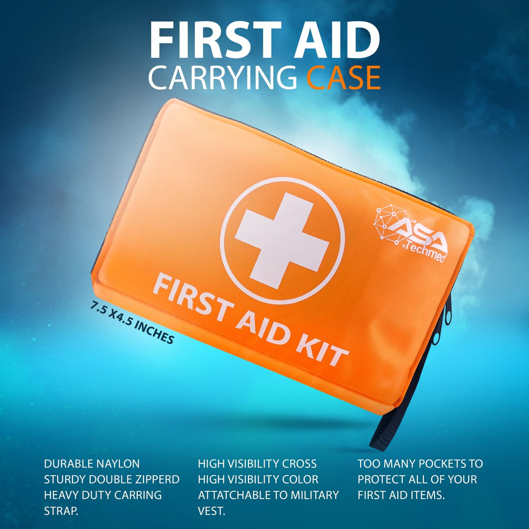 A close-up angled shot of the orange "ASA Techmed" first aid bag against a blue background. The bag features a large white cross and the text "FIRST AID KIT." Features listed at the bottom include "Durable Naylon [sic]," "Sturdy Double Zipperd [sic]," "High Visibility Cross," and "Attachable to Military Vest." Dimensions are labeled as "7.5 x 4.5 Inches."