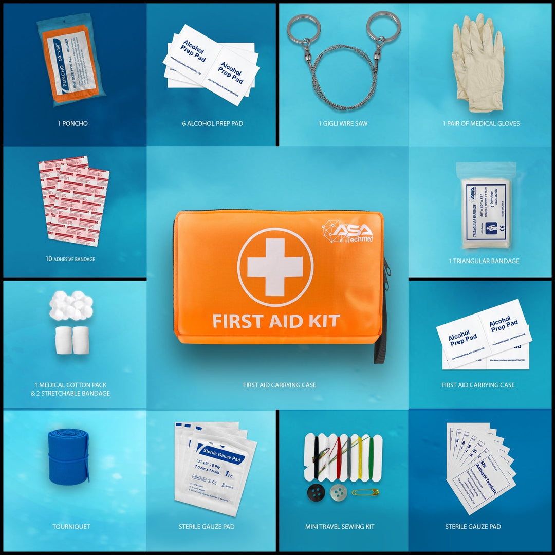 A grid layout detailing specific components of the kit with quantities. Pictured items include "1 Poncho," "6 Alcohol Prep Pad," "1 Gigli Wire Saw," "1 Pair of Medical Gloves," "10 Adhesive Bandage," "1 Triangular Bandage," "1 Medical Cotton Pack & 2 Stretchable Bandage," a "Tourniquet," "Sterile Gauze Pad," "Mini Travel Sewing Kit," and "BZK Antiseptic Towelette" packets.