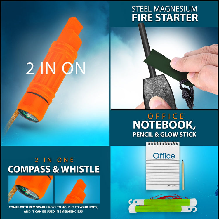 A composite image highlighting survival tools included in the kit. The left side shows an orange "2 IN ON [sic]" whistle and compass combo. The top right demonstrates a "STEEL MAGNESIUM FIRE STARTER" being used to create sparks. The bottom right displays an "OFFICE NOTEBOOK, PENCIL & GLOW STICK."