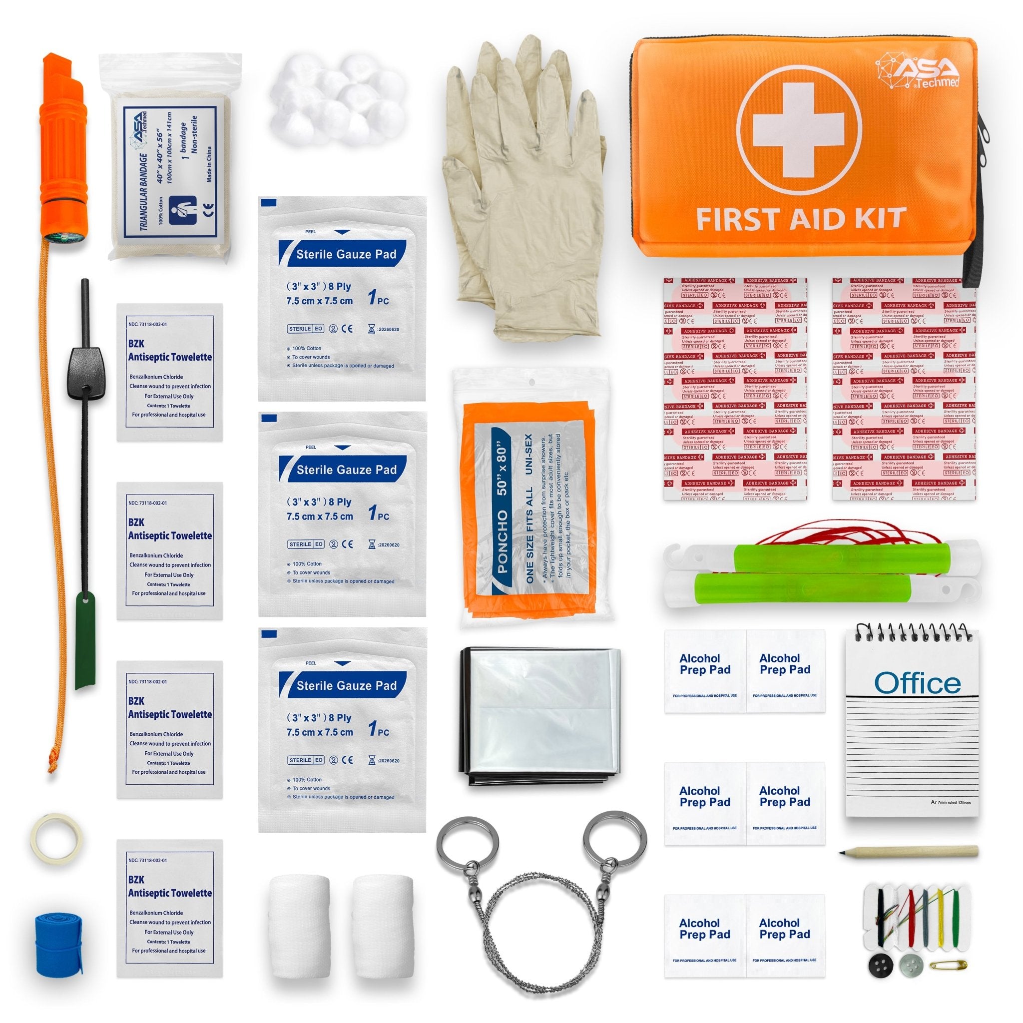A comprehensive flat lay of the "ASA Techmed" first aid kit contents arranged around the orange bag. Items include a survival whistle, wire saw, glow sticks, poncho, emergency blanket, triangular bandage, medical gloves, sterile gauze pads, adhesive bandages, alcohol prep pads, BZK antiseptic towelettes, a notebook labeled "Office" with a pencil, a sewing kit, and a blue tourniquet band.