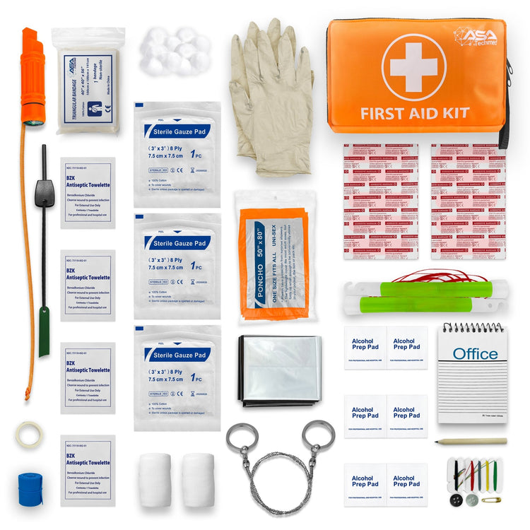 A comprehensive flat lay of the "ASA Techmed" first aid kit contents arranged around the orange bag. Items include a survival whistle, wire saw, glow sticks, poncho, emergency blanket, triangular bandage, medical gloves, sterile gauze pads, adhesive bandages, alcohol prep pads, BZK antiseptic towelettes, a notebook labeled "Office" with a pencil, a sewing kit, and a blue tourniquet band.