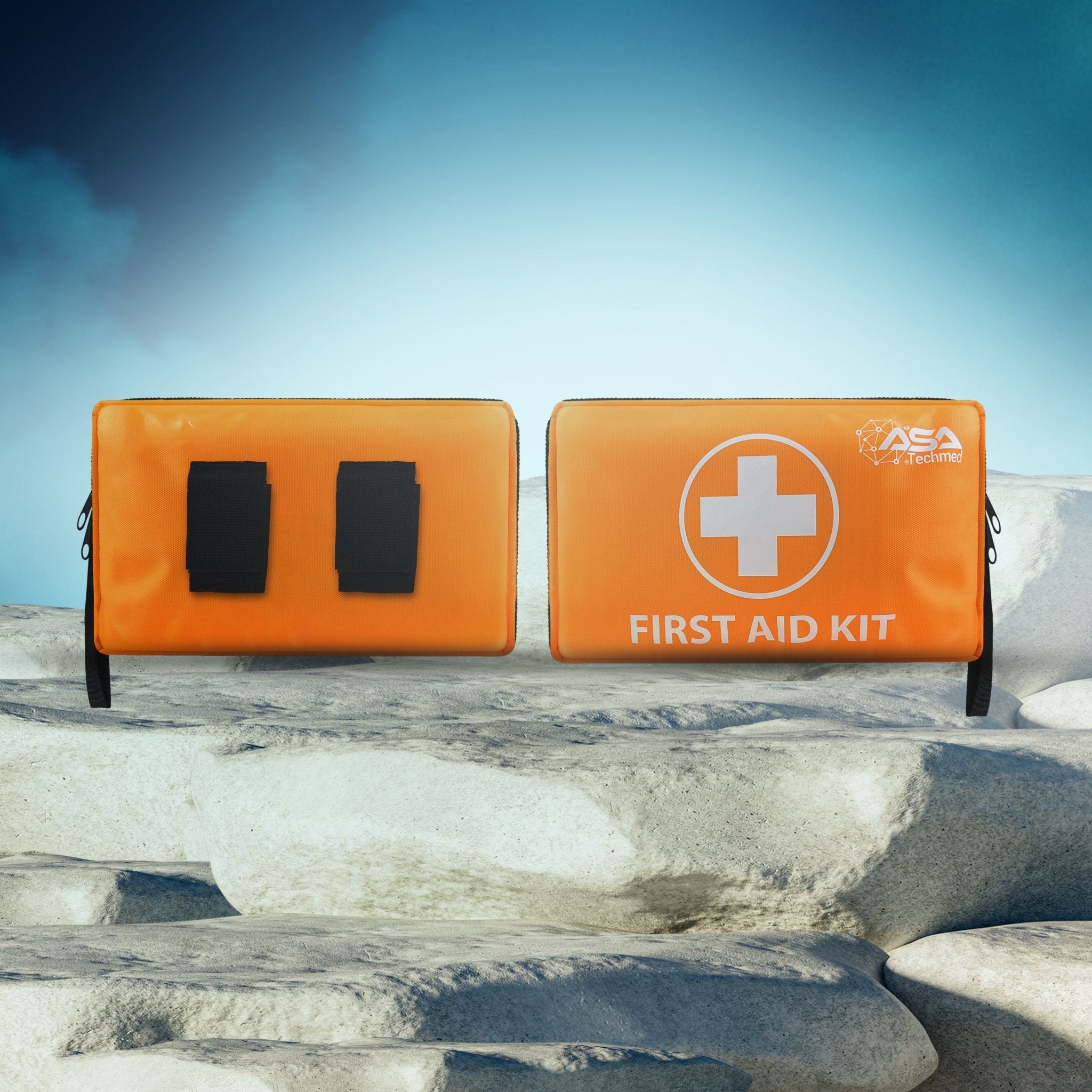 A side-by-side view showing the back and front of the orange first aid pouch. The left image shows the back with two black vertical MOLLE straps for attachment. The right image shows the front with the white medical cross logo and "FIRST AID KIT" text.