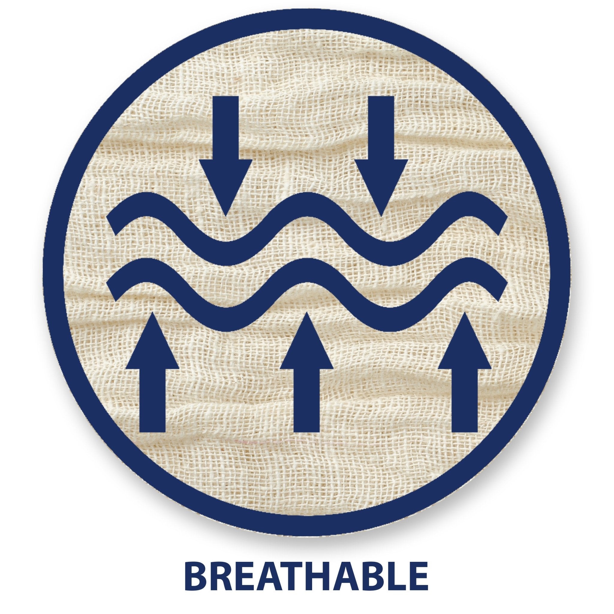 A circular graphic icon illustrating breathability. The background is a close-up texture of beige woven fabric. Dark blue wavy lines run horizontally across the center, with blue arrows pointing inwards from the top and bottom to represent air circulation. The word "BREATHABLE" is printed in bold blue text at the bottom.