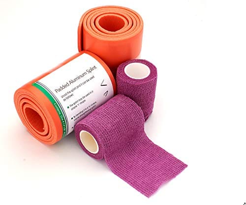 An emergency medical kit featuring two rolls of orange padded aluminum splints and two purple self-adhesive bandage wraps for fracture stabilization.