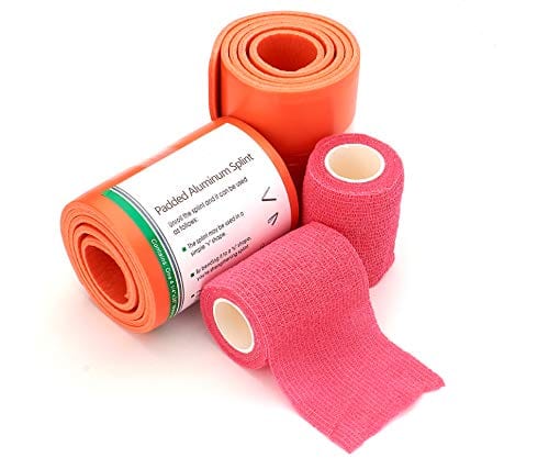 An emergency medical kit featuring two rolls of orange padded aluminum splints and two pink self-adhesive bandage wraps for fracture stabilization.