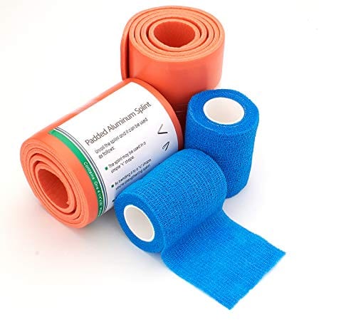 An emergency medical kit featuring two rolls of orange padded aluminum splints and two blue self-adhesive bandage wraps for fracture stabilization.