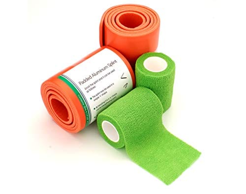 An emergency medical kit featuring two rolls of orange padded aluminum splints and two green self-adhesive bandage wraps for fracture stabilization.