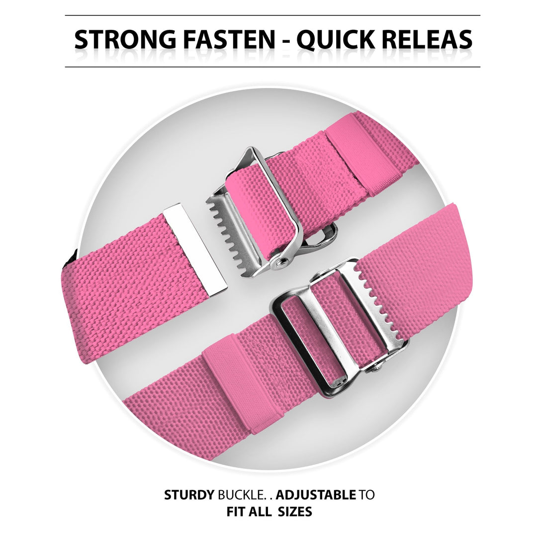 A split image titled "STRONG FASTEN - QUICK RELEASE." The top half shows the metal buckle open with the teeth visible, while the bottom half shows the belt securely fastened. Text at the bottom reads, "STURDY BUCKLE.. ADJUSTABLE TO FIT ALL SIZES."