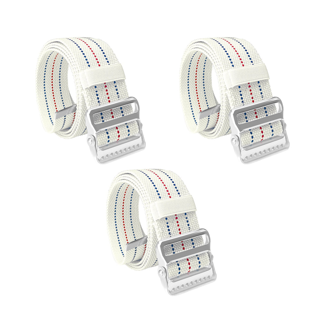 A product display showing a set of three identical beige gait belts arranged on a white background. Two belts are positioned in a top row and one is centered below them. Each belt is coiled to showcase the silver metal buckle with locking teeth and the beige cotton webbing.