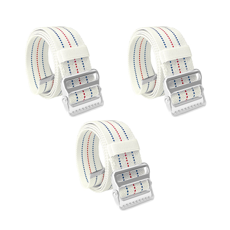 A product display showing a set of three identical beige gait belts arranged on a white background. Two belts are positioned in a top row and one is centered below them. Each belt is coiled to showcase the silver metal buckle with locking teeth and the beige cotton webbing.