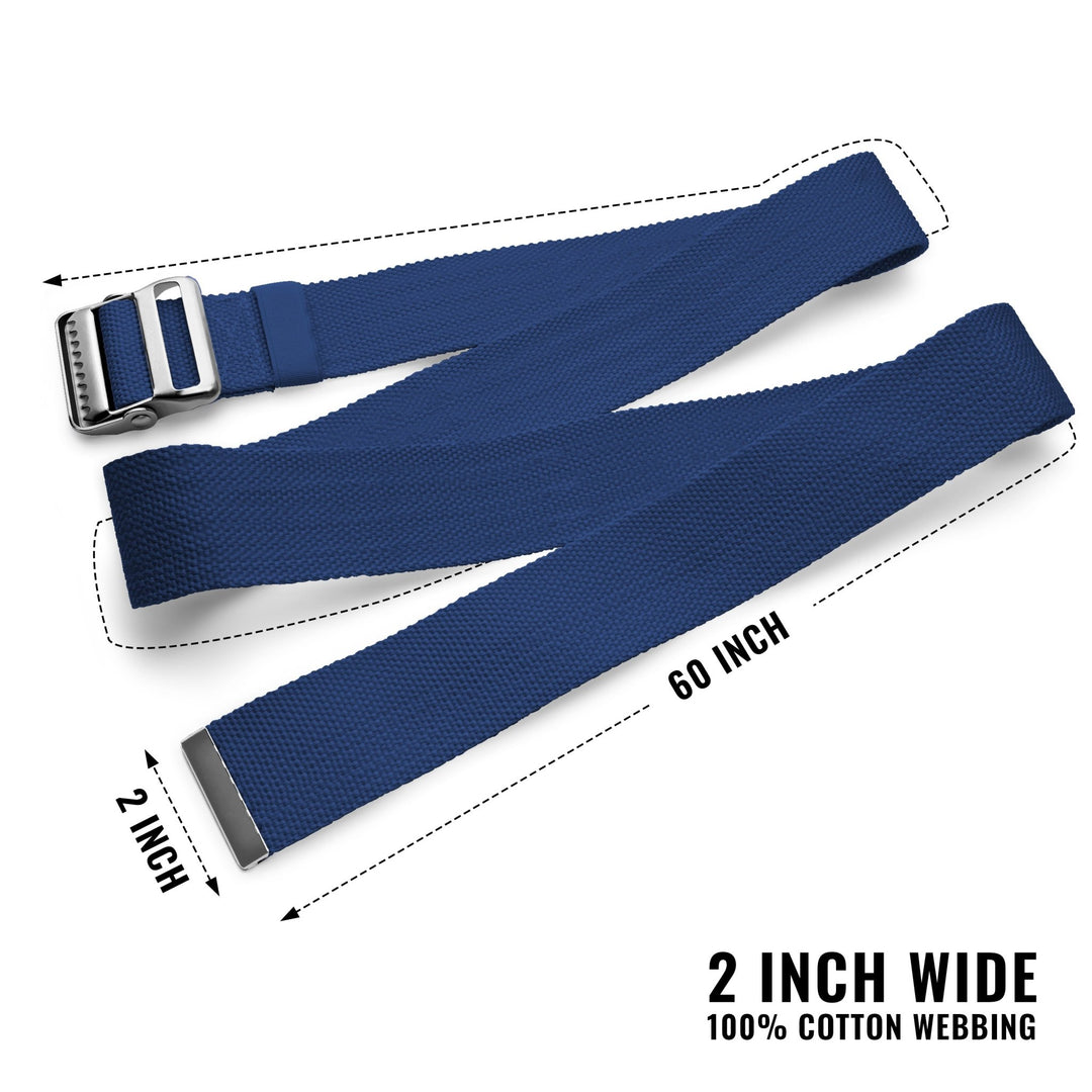 A product shot of a navy blue gait belt laid out flat to show its full length. Text annotations indicate the dimensions are "60 INCH" long and "2 INCH" wide. The bottom text reads "2 INCH WIDE 100% COTTON WEBBING." The belt features a metal buckle with teeth on one end and a metal tip on the other.