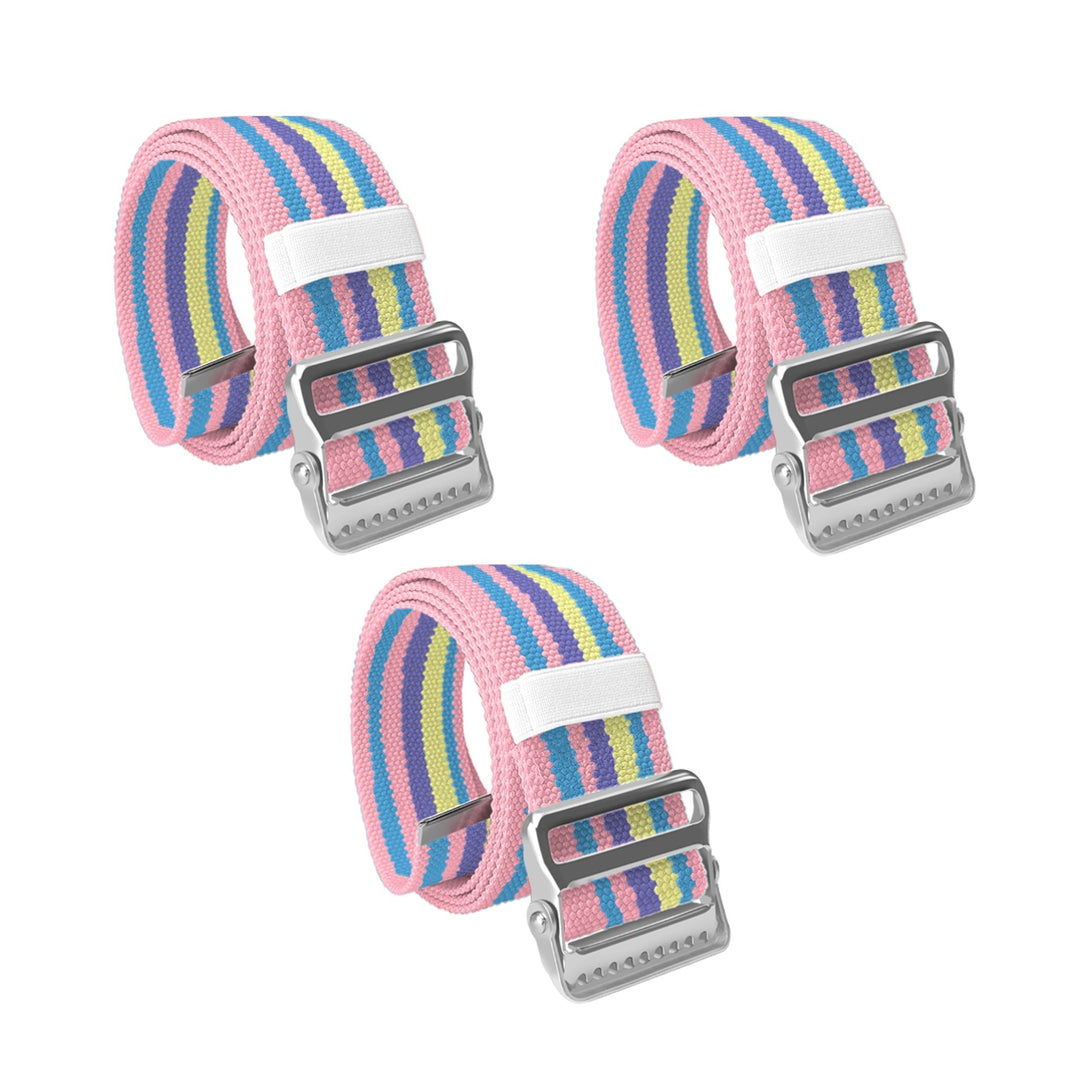 A product display showing a set of three identical pastel colors gait belts arranged on a white background. Two belts are positioned in a top row and one is centered below them. Each belt is coiled to showcase the silver metal buckle with locking teeth and the pastel colors cotton webbing.