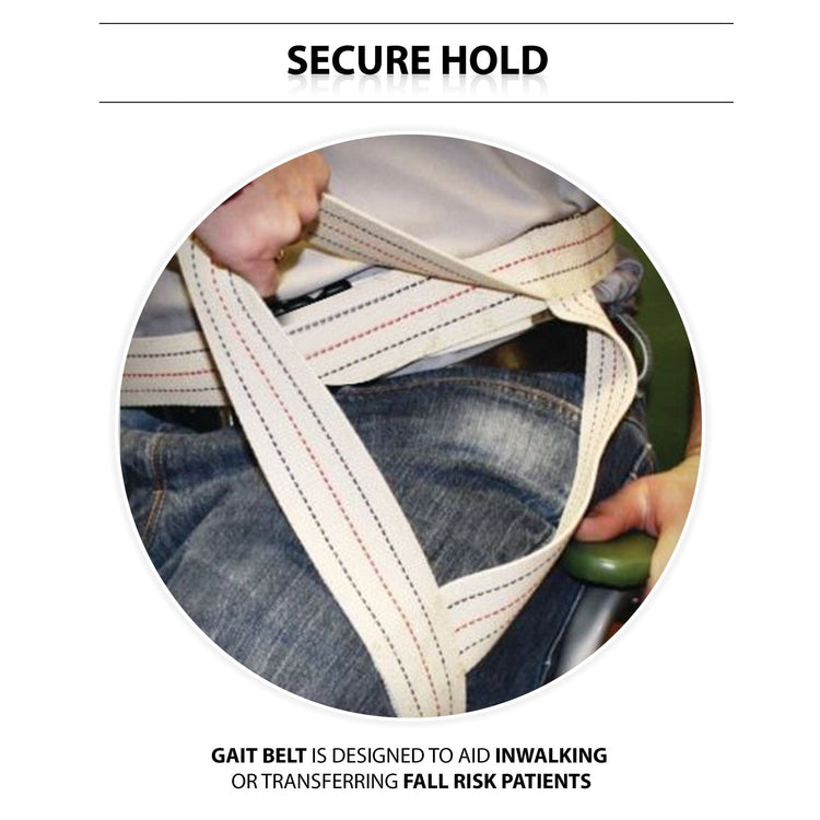 An instructional graphic titled "SECURE HOLD." The central image shows a caregiver's hands gripping the beige  gait belt around a patient's waist to assist them. Text at the bottom explains: "GAIT BELT IS DESIGNED TO AID IN WALKING OR TRANSFERRING FALL RISK PATIENTS."