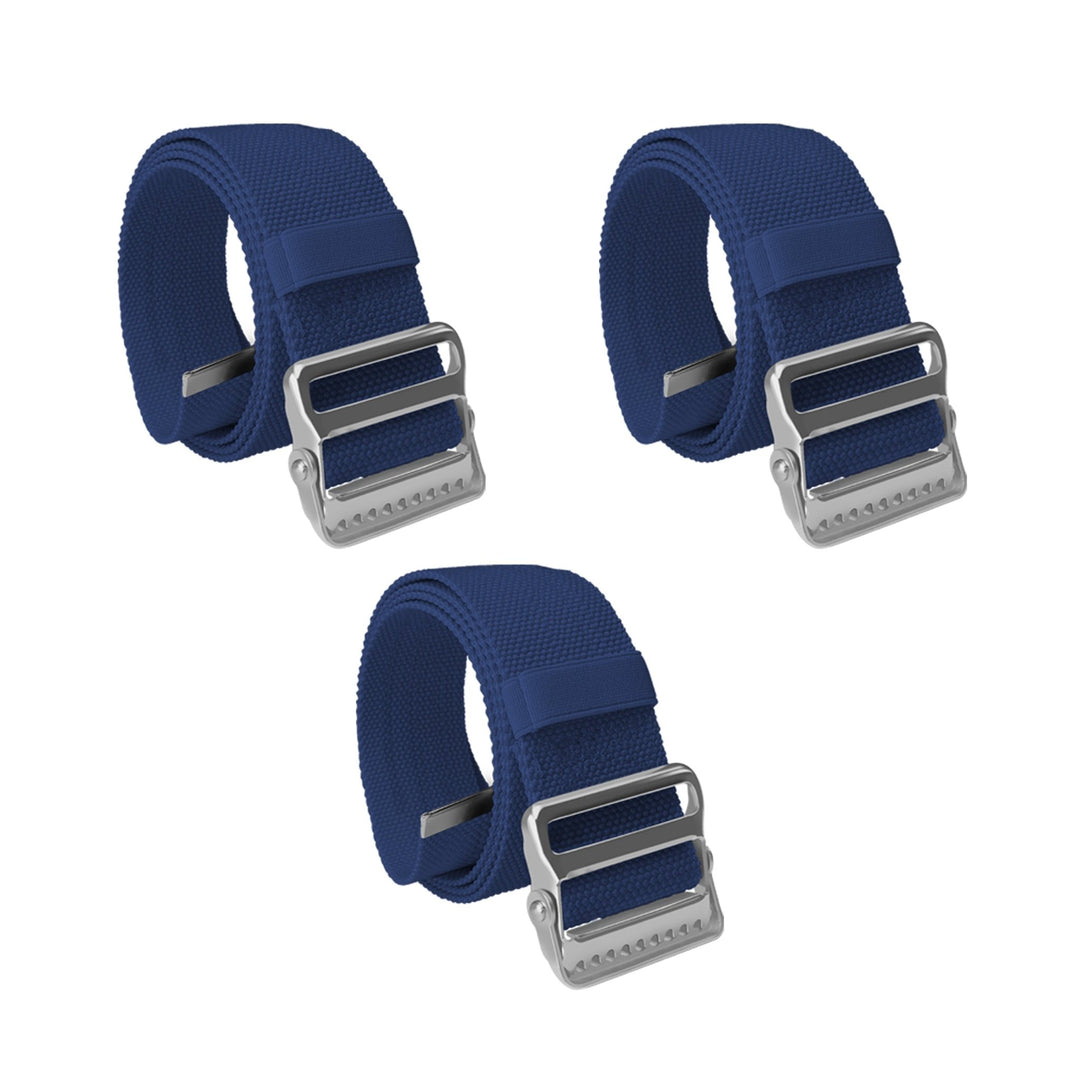 A product display showing a set of three identical navy blue gait belts arranged on a white background. Two belts are positioned in a top row and one is centered below them. Each belt is coiled to showcase the silver metal buckle with locking teeth and the navy blue cotton webbing.