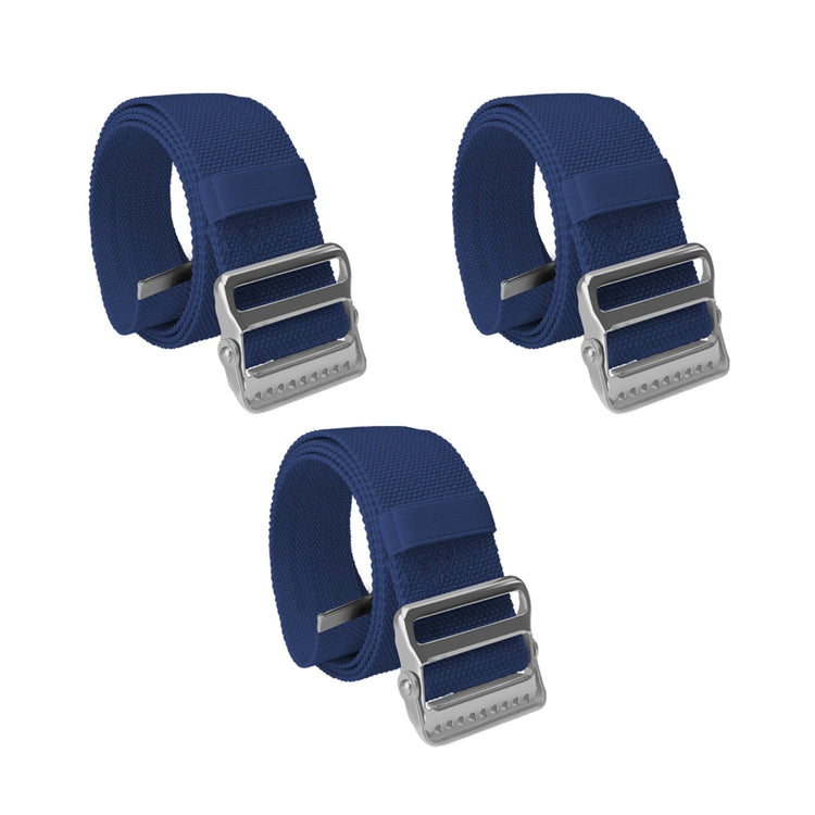 A product display showing a set of three identical navy blue gait belts arranged on a white background. Two belts are positioned in a top row and one is centered below them. Each belt is coiled to showcase the silver metal buckle with locking teeth and the navy blue cotton webbing.