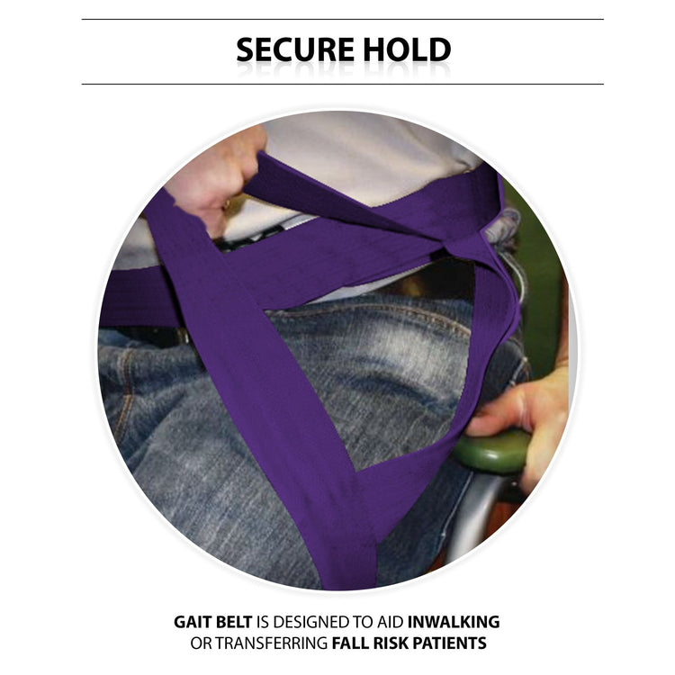 An instructional graphic titled "SECURE HOLD." The central image shows a caregiver's hands gripping the purple gait belt around a patient's waist to assist them. Text at the bottom explains: "GAIT BELT IS DESIGNED TO AID IN WALKING OR TRANSFERRING FALL RISK PATIENTS."