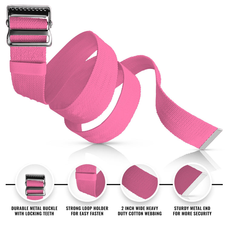 A detailed product infographic of the coiled pink gait belt. Four circular insets at the bottom highlight key features: "DURABLE METAL BUCKLE WITH LOCKING TEETH," "STRONG LOOP HOLDER FOR EASY FASTEN," "2 INCH WIDE HEAVY DUTY COTTON WEBBING," and "STURDY METAL END FOR MORE SECURITY."