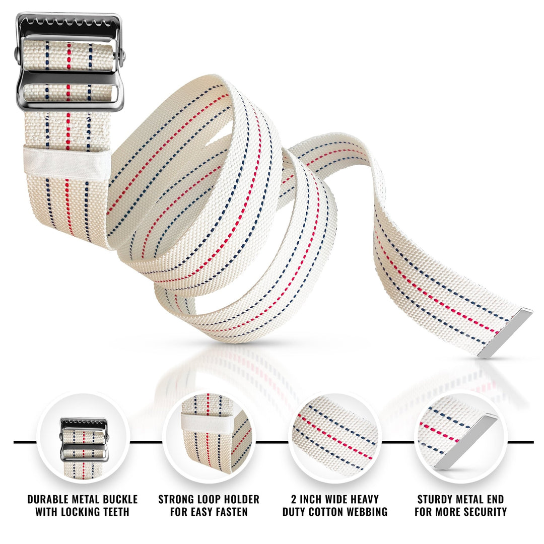 A detailed product infographic of the coiled beige gait belt. Four circular insets at the bottom highlight key features: "DURABLE METAL BUCKLE WITH LOCKING TEETH," "STRONG LOOP HOLDER FOR EASY FASTEN," "2 INCH WIDE HEAVY DUTY COTTON WEBBING," and "STURDY METAL END FOR MORE SECURITY."