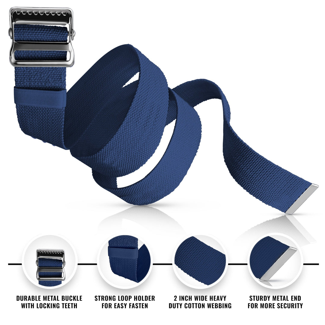 A detailed product infographic of the coiled navy blue gait belt. Four circular insets at the bottom highlight key features: "DURABLE METAL BUCKLE WITH LOCKING TEETH," "STRONG LOOP HOLDER FOR EASY FASTEN," "2 INCH WIDE HEAVY DUTY COTTON WEBBING," and "STURDY METAL END FOR MORE SECURITY."