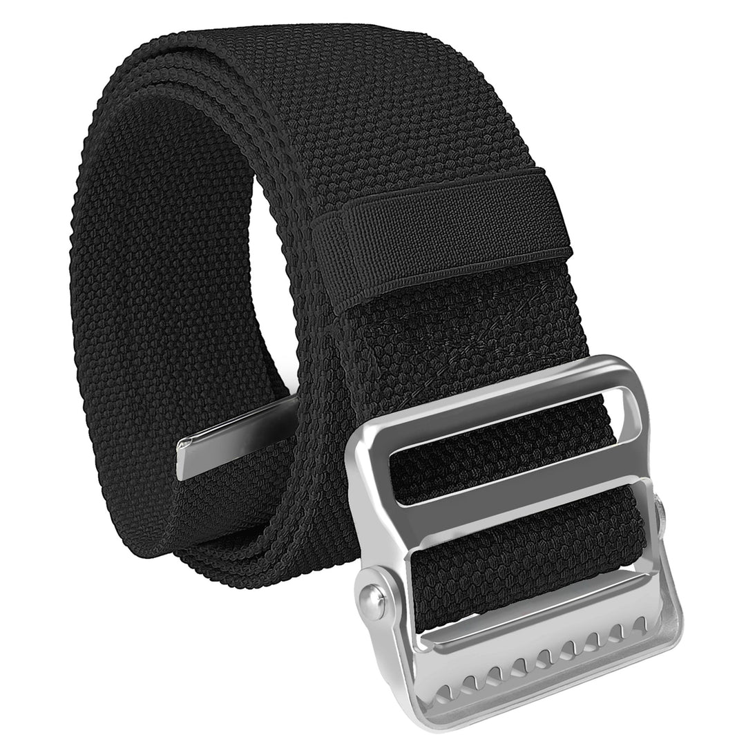 A high-angle studio shot of the black gait belt coiled up. The large metal buckle is prominent in the foreground, showing the locking teeth mechanism, while the pastel colors cotton webbing is neatly rolled behind it.